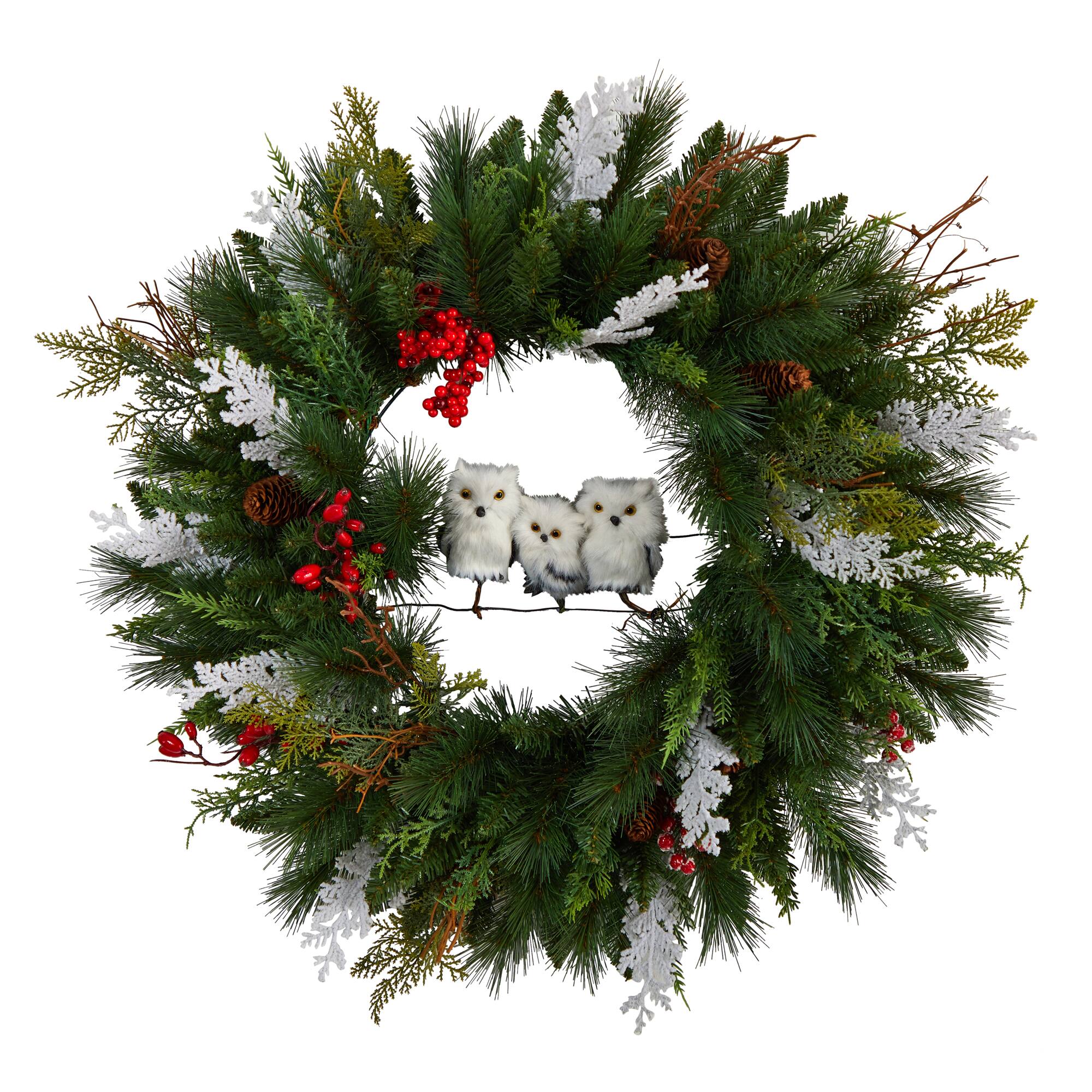 24" Holiday Winter Owl Family Pinecone Berry Christmas Wreath